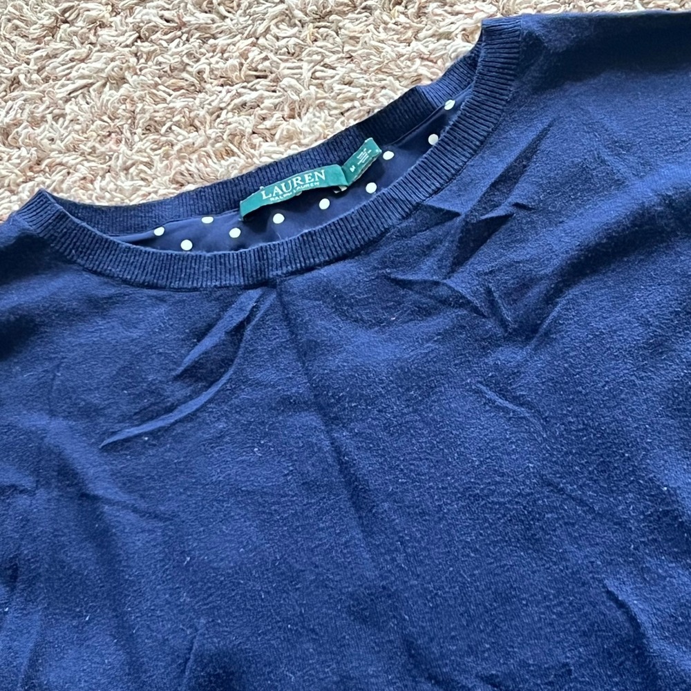 Lauren Ralph Lauren Navy Blue Polka Dot Layered Hem Knit Sweater Womens Medium